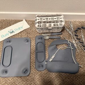 Busy Baby Silicone Placemat Set in Gray and Amazon Suction Plates and Bibs